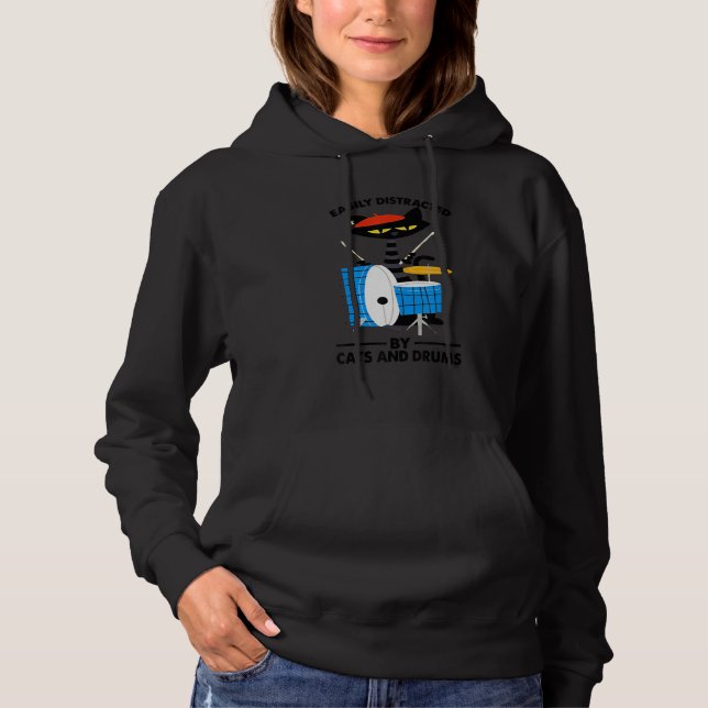 Music Black Cat Drummer Easily Distracted By Cats  Hoodie (Vorderseite)