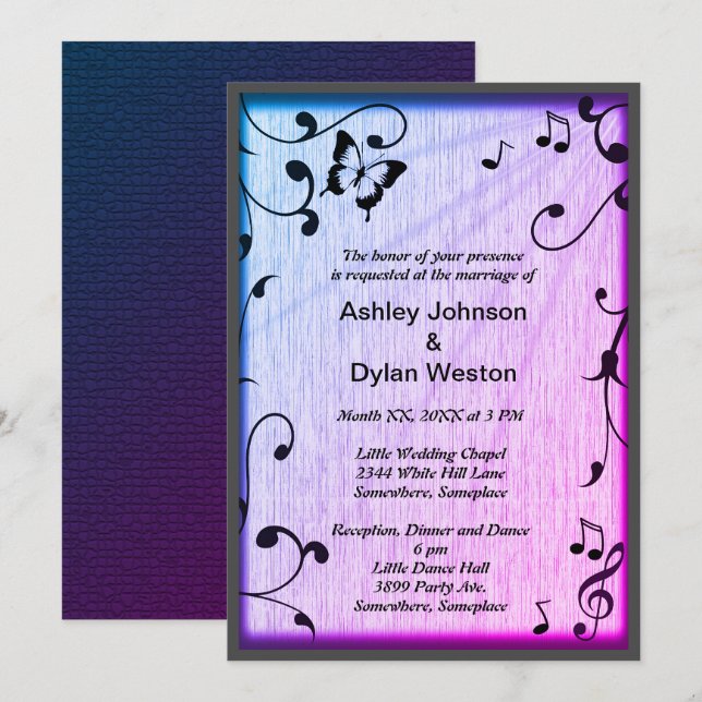 Music Butterfly Blätter Blue & Lila Wood Wedding Einladung (Vorne/Hinten)