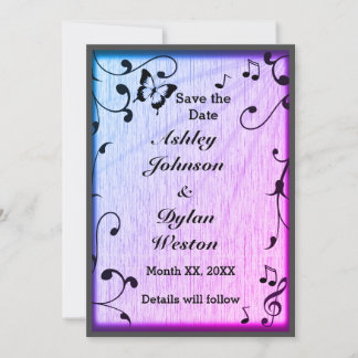 Music Butterfly Blätter Blue & Lila Wood Wedding Save The Date