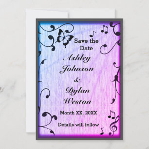 Music Butterfly Blätter Blue & Lila Wood Wedding Save The Date