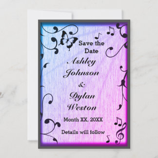 Music Butterfly Blätter Blue & Lila Wood Wedding Save The Date