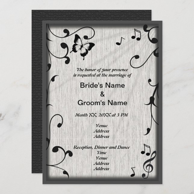 Music Butterfly Blätter Grau & Black Wood Wedding Einladung (Vorne/Hinten)