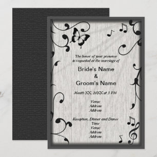 Music Butterfly Blätter Grau & Black Wood Wedding Einladung