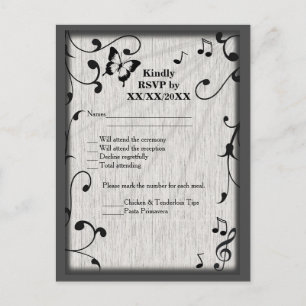 Music Butterfly Blätter Grau & Black Wood Wedding Einladungspostkarte