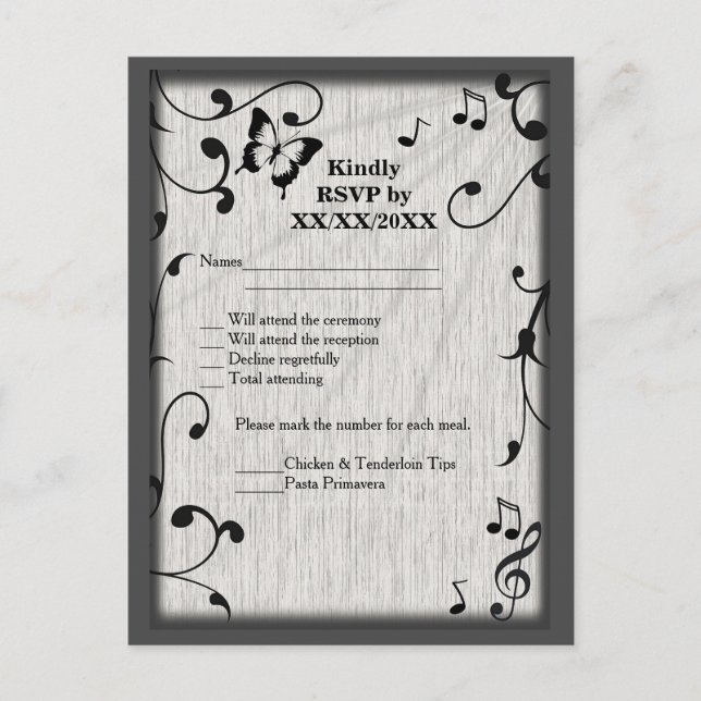 Music Butterfly Blätter Grau & Black Wood Wedding Einladungspostkarte (Vorderseite)