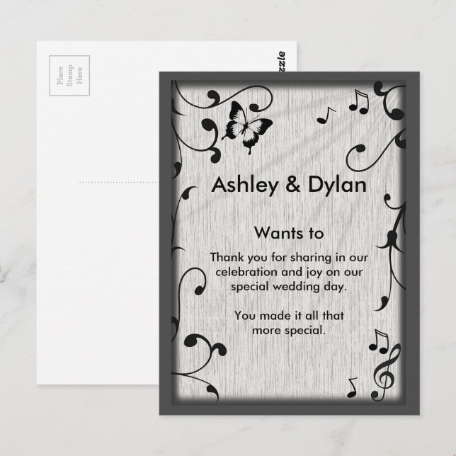 Music Butterfly Blätter Grau & Black Wood Wedding Postkarte (Vorne/Hinten)