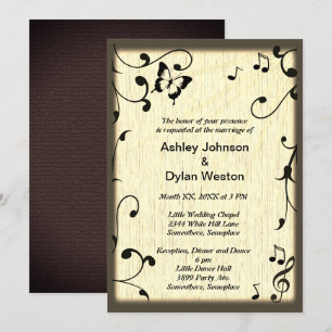 Music Butterfly Blätter Yellow Tan Wood Wedding Einladung