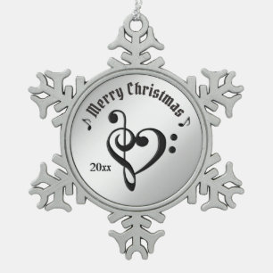 Music Clef Herzname und Datum Schneeflocken Zinn-Ornament