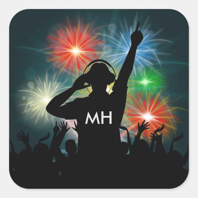 Music DJ-Aufkleber für Monogramm Quadratischer Aufkleber (Vorderseite)