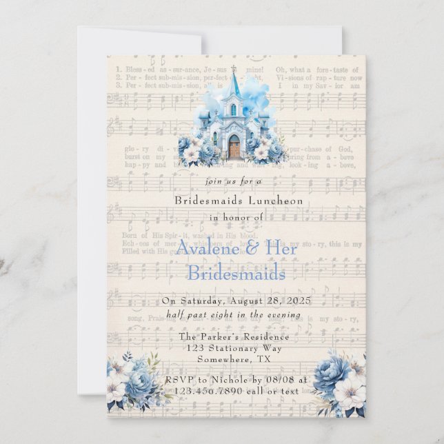 Music Dusty Blue Church Bridesmaids Luncheon Einladung (Vorderseite)