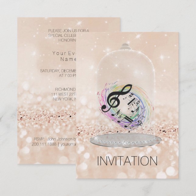 Music Festival Concept Nites Vip Champaign Glitzer Einladung (Vorne/Hinten)