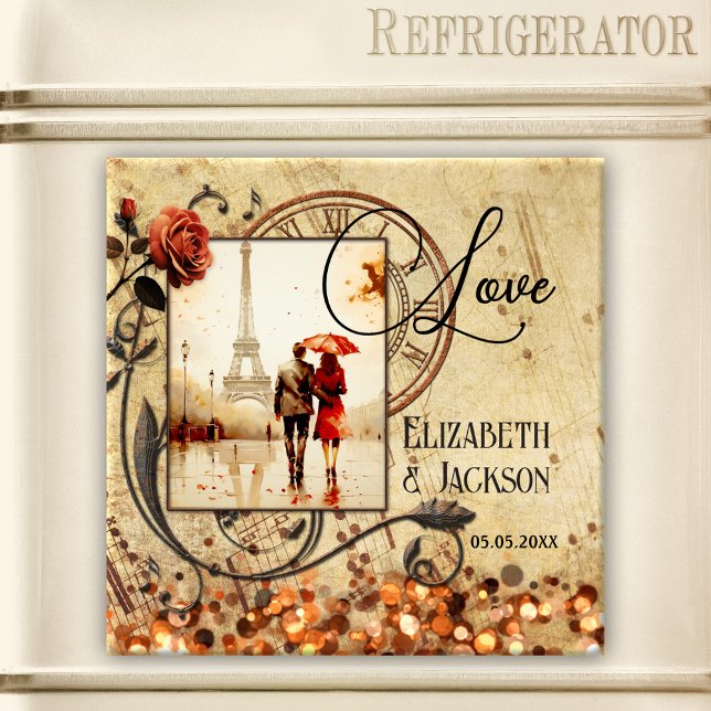 Music Foto Vintage Wedding Anniversary Magnet (Magnet featuring your own photo (optional) framed by a vintage scrapbook design with a music theme)