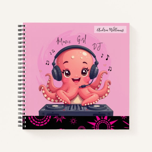 Music Girl, Happy Chick Lächeln Octopus DJ Notizbuch (Vorderseite)