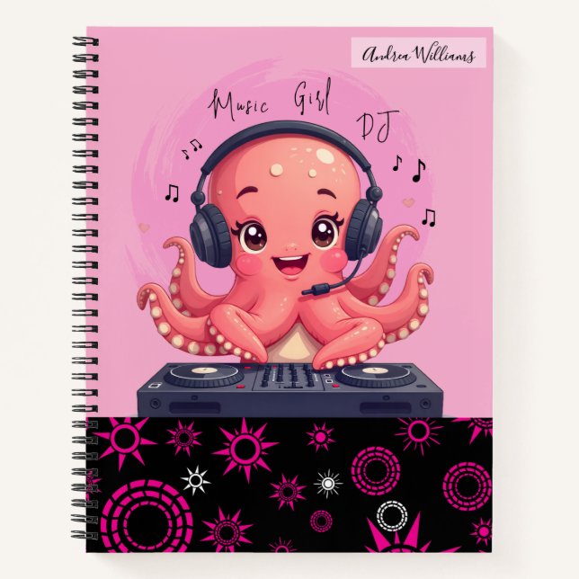 Music Girl, Happy Chick Lächeln Octopus DJ Notizbuch (Vorderseite)