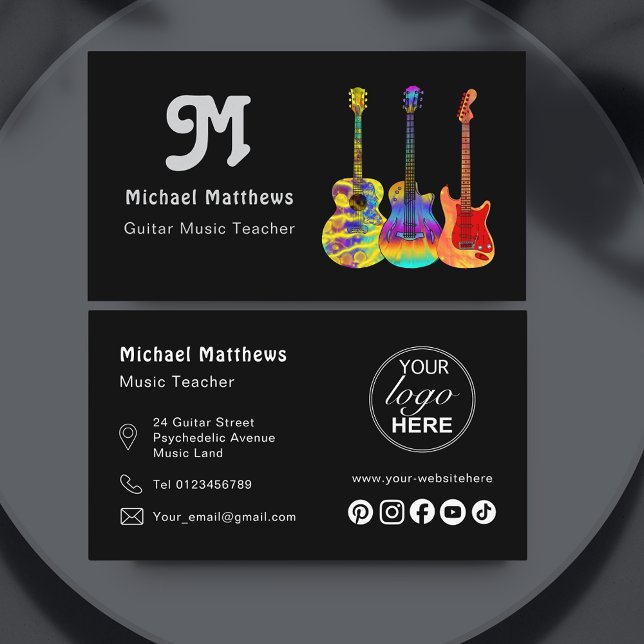 Music Gitarre Lehrer Social Media Logo Custom Visitenkarte (Retro Guitar music teacher custom social media logo business card)
