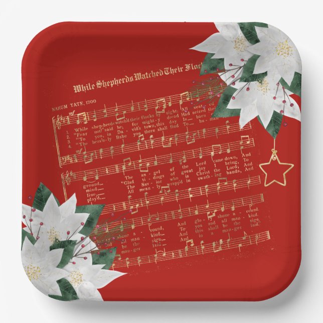 Music Gold White Poinsettia Hymne Weihnachten Pappteller (Vorderseite)