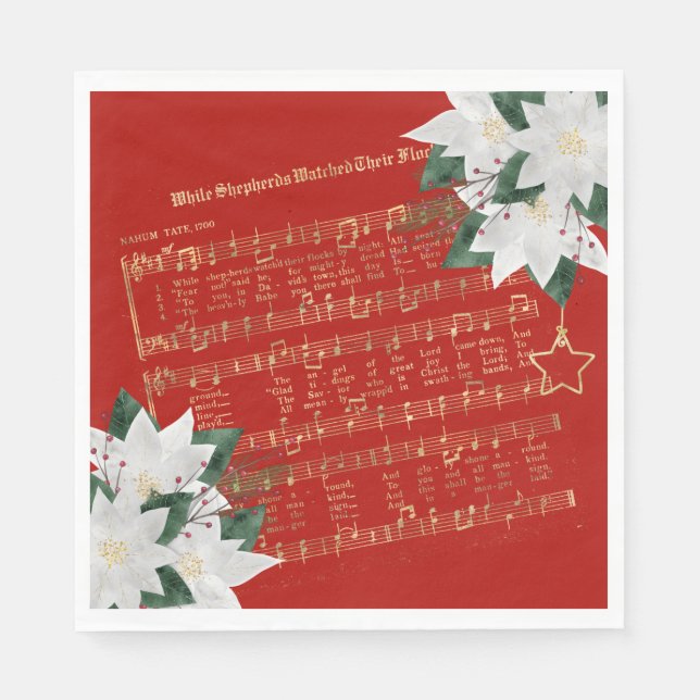 Music Gold White Poinsettia Hymne Weihnachten Serviette (Vorderseite)