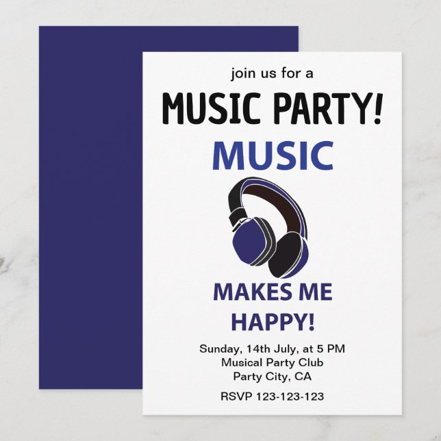 Music Headphone Music macht mich glücklich Party Einladung (Vorne/Hinten)