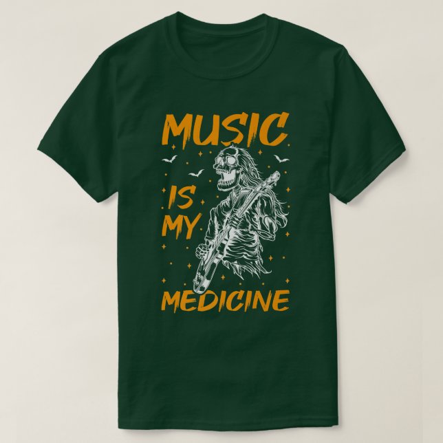 Music Is My Medicine Skeleton Playing Guitar Hallo T-Shirt (Design vorne)