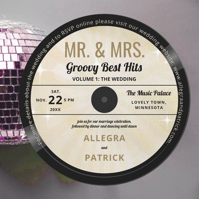 Music Mr. Groovy Gold Retro Vintage Wedding Einladung (music wedding invitation vinyl record vintage retro mr mrs groovy 70s dusty yellow gold)
