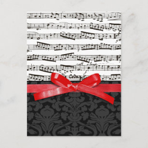 Music notes and faux red ribbon postkarte