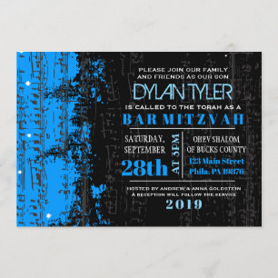 Music Notes Stars Bar Mitzvah Invitation bleu