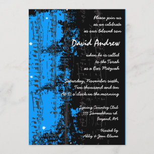 Music Notes Stars Bar Mitzvah Invitation bleu
