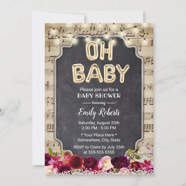 Music Oh Baby Dusche Rustikales Burgundy Red Flora Einladung (Vorderseite)