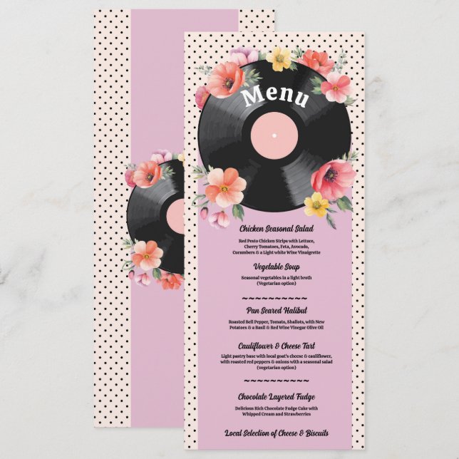 Music Record Mariage Floral 1950s Menu (Devant / Derrière)