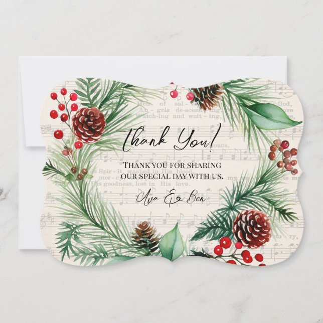 Music Red Berry Wreath Wedding Danke Card (Vorderseite)