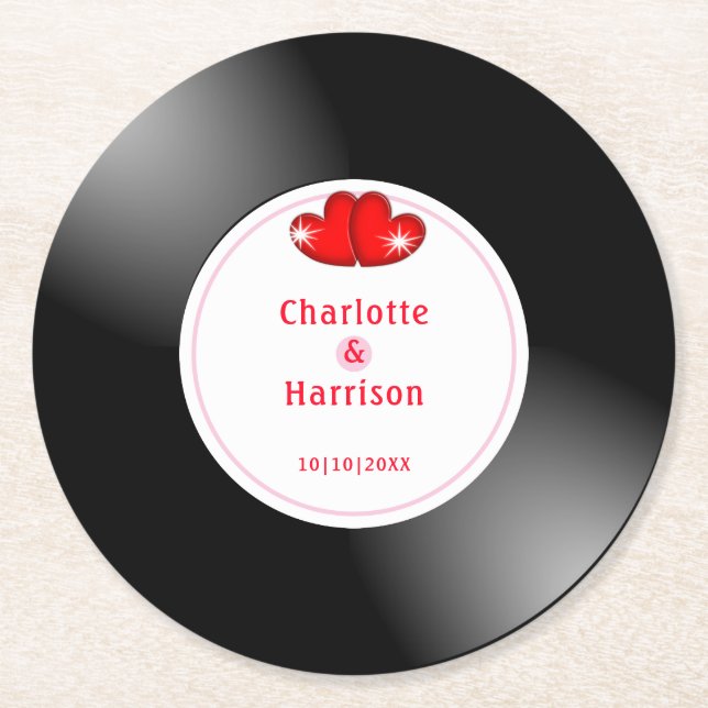 Music Retro Vinyl Record Wedding Runder Pappuntersetzer (Vorderseite)