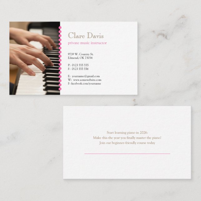 Music Teacher | Pianist Visitenkarte (Vorne/Hinten)