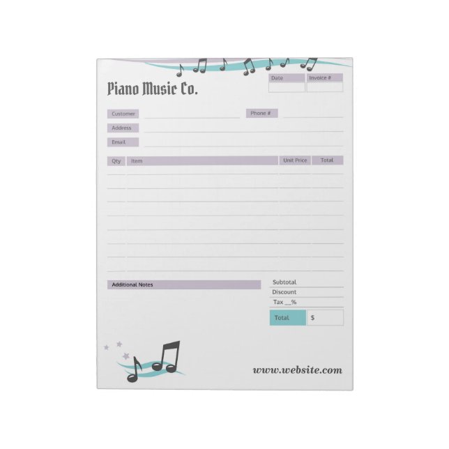 Music Teacher Theme Order Form/Invoice Notepad Notizblock (Rotiert)