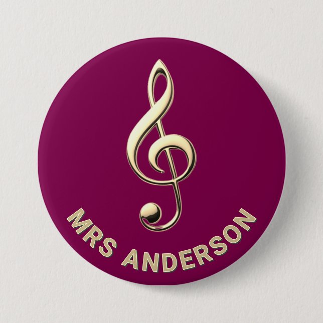 Music Teacher Treble Clef Burgundy ID Badge Button (Vorderseite)