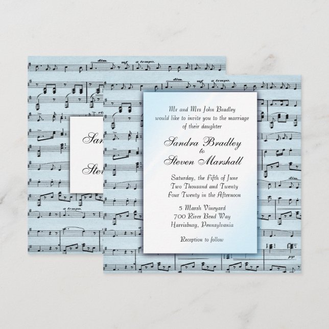 Music Theme Wedding Blue Sheet Music Einladung (Vorne/Hinten)