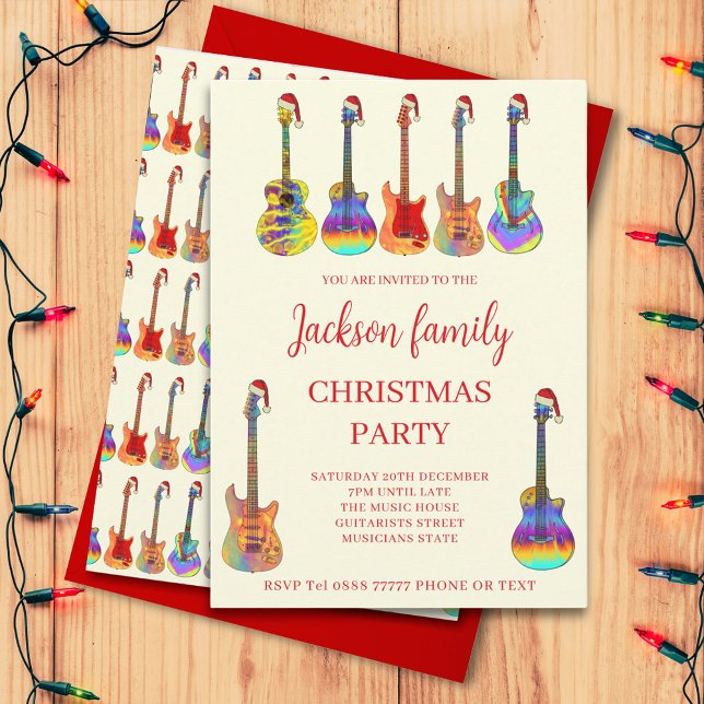Music Themed Gitarre Weihnachtsfeiertage Party Ein Einladung (music themed family Christmas party invitation with cool colorful guitars wearing Santa hats)