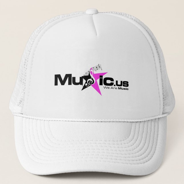 Music.us Hut - schwarzes rosa Logo Truckerkappe (Vorderseite)