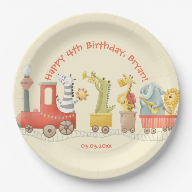 Musical Animal Train Birthday Pappteller (Vorderseite)