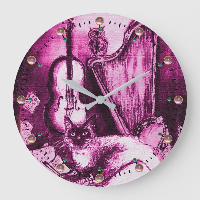 MUSICAL CAT WITH OWL VIOLIN AND HARP Pink Purple Große Wanduhr (Vorderseite)