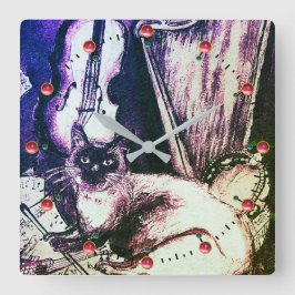 MUSICAL CAT WITH OWL VIOLIN AND HARP QUADRATISCHE WANDUHR