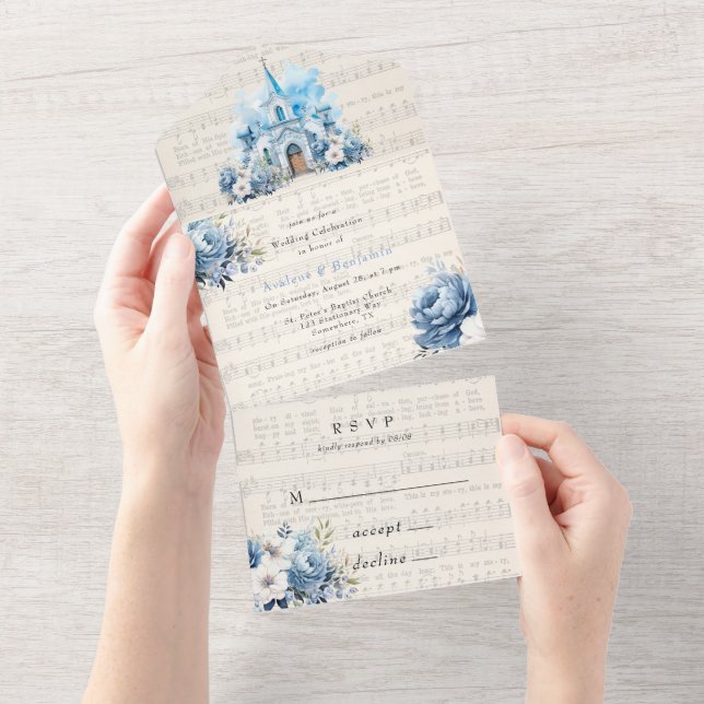 Musical Dusty Blue Peony Church Wedding All In One Einladung (Abreißen)