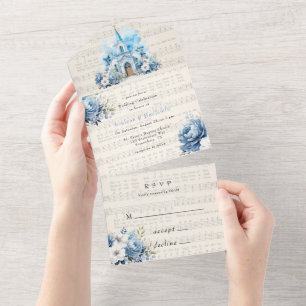 Musical Dusty Blue Peony Church Wedding All In One Einladung