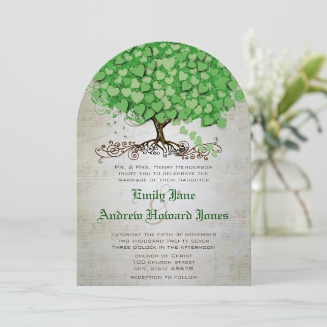 Musical Emerald Heart Leaf Tree Wedding lädt ein Einladung (Stehend Vorderseite)