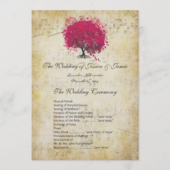 Musical Fuchsia Heart Leaf Tree Wedding Program Programm (Vorderseite)