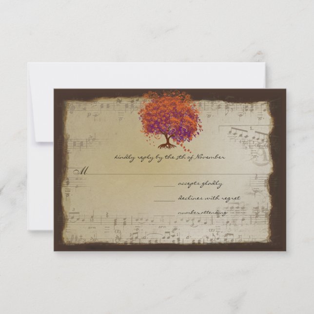 Musical Gold Orange Plum Heart Leaf Tree Hochzeite RSVP Karte (Vorderseite)