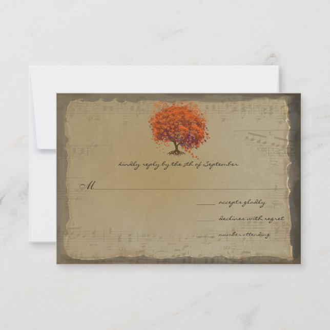 Musical Gold Orange Plum Heart Leaf Tree Hochzeite RSVP Karte (Vorderseite)
