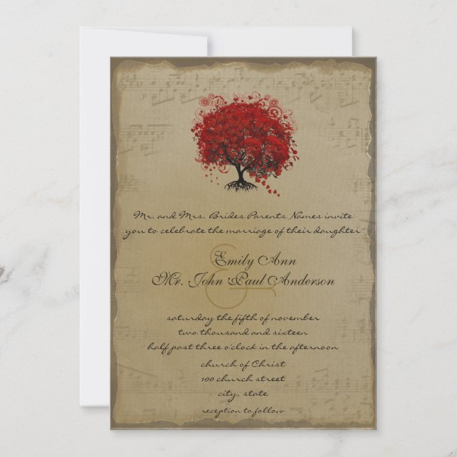 Musical Gold Red Heart Leaf Tree Wedding Einladung (Vorderseite)