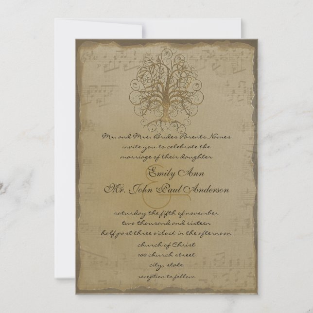 Musical Gold Swirl Tree Einladung Hochzeit (Vorderseite)