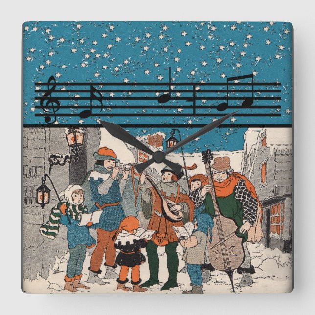 Musical Notes Christmas Carolers Quadratische Wanduhr (Vorderseite)
