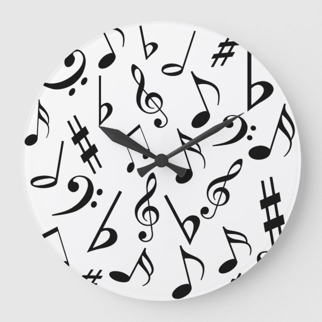 Musical Notes Music Clock : Black and White Große Wanduhr (Vorderseite)